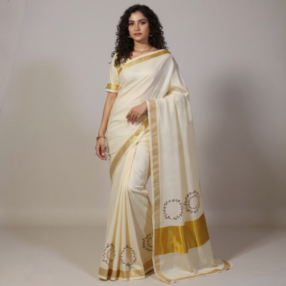 Kerala Handmade Cotton Kasavu Saree with Embroidery | Off White