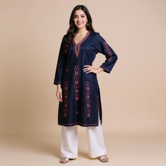 Cotton Kurta with Paper Machine Sozni Work - Blue