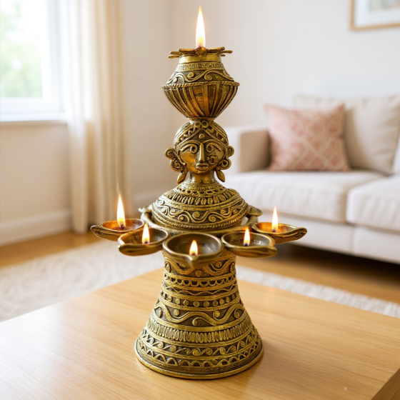 Dipa Rani 5 Diya pot on head - Puja Accessories - GI Certified Bengal Dokra