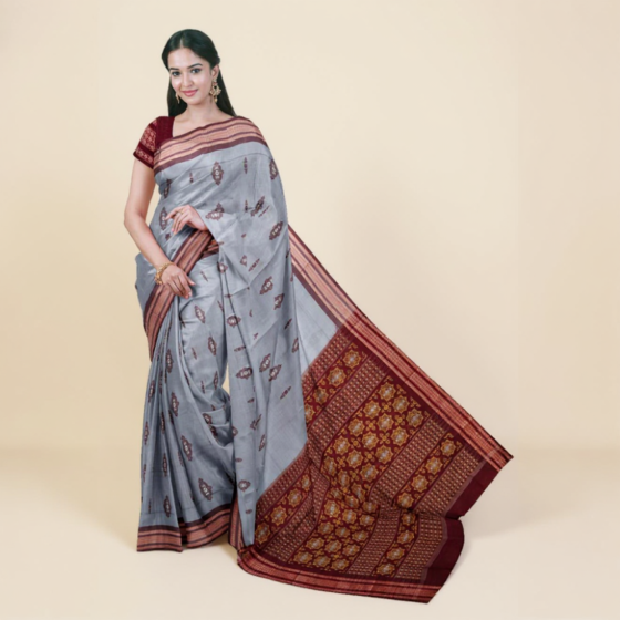 Gray Maroon Bomkai Handwoven Cotton Saree SFCSAR1982