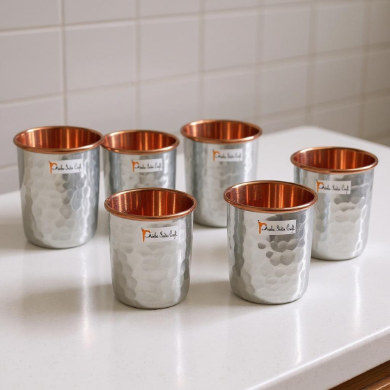 Hammered Design Copper Steel Glass | 250 ML | Set of 6