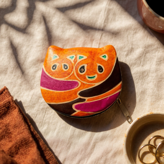 Genuine leather Small Coin Purse Panda Pair Design