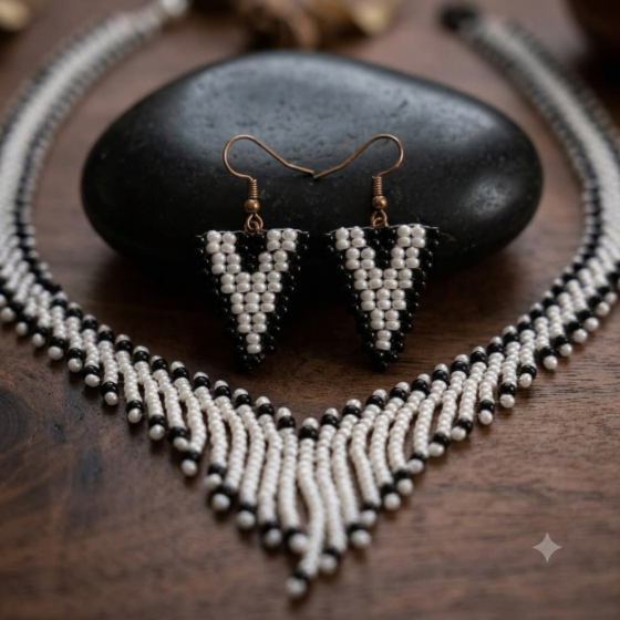 Handcrafted Geometric Glass Seed Bead Statement Necklace and Earring Set