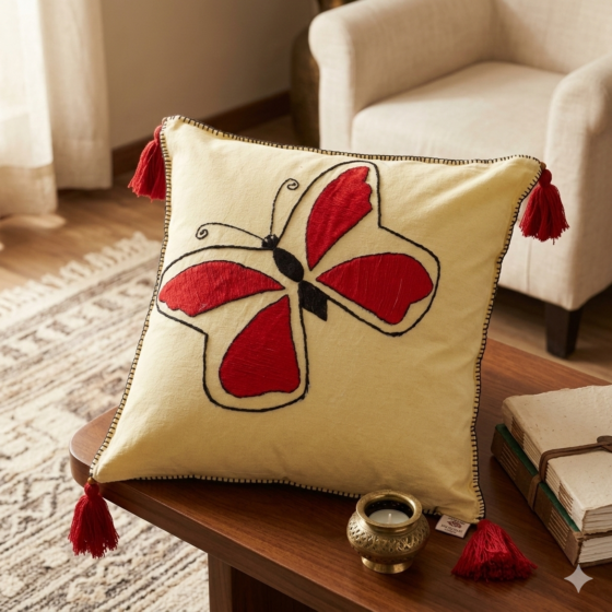 Handmade Butterfly Embroidered Cotton Cushion Cover with Tassels | Decorative Sofa Pillow Cover for Living Room & Bedroom
