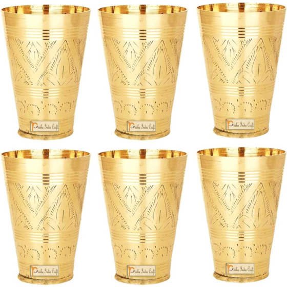 Pure Brass Mughlai Style Embossed Design Glasses | 250 ML | Set of 6