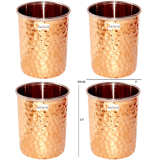 Hammered Copper Water Tumbler Glass | Capacity 250 ML | Set of 4