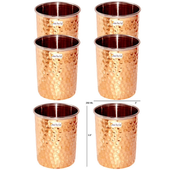 Hammered Copper Water Tumbler Glass | Capacity 300 ML | Set of 6