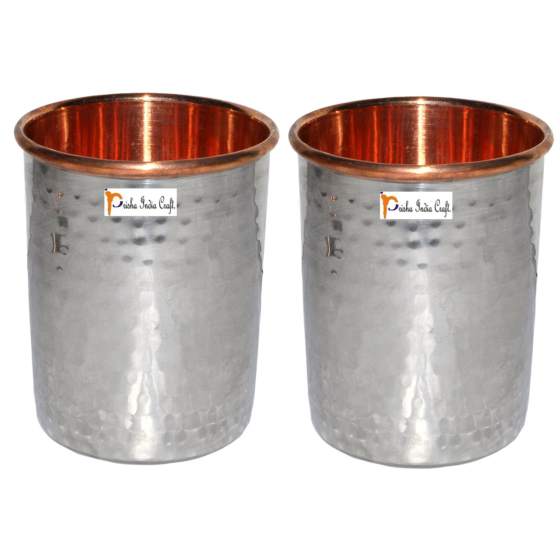 Hammered Steel Copper Tumbler | Drinkware & Serve ware Set | Capacity 250 ML | Set of 2