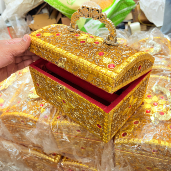 golden vanity box, golden bangle box, handcrafted jewelry box India, Santarms vanity box, handmade bangle storage box, golden jewelry organizer, Indian handicraft vanity box