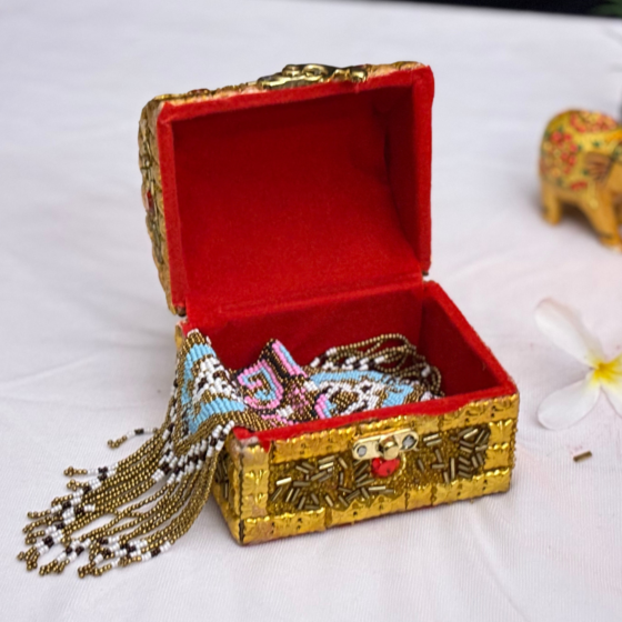 golden jewellery box, velvet lining jewellery box, handmade jewellery box India, Santarms storage box, golden ornament box, handcrafted jewellery case, jewellery gift box, Indian handicraft jewellery box