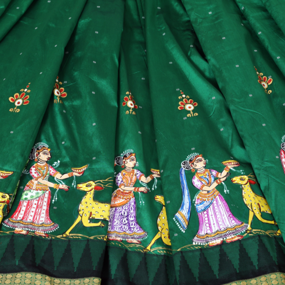 Pattachitra Green Hand Painted Silk Saree
