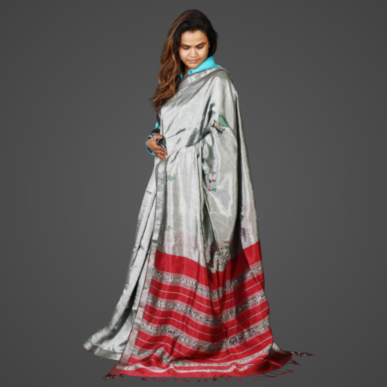 Odia Warli Red and Grey Mysore Silk Hand Painted Saree
