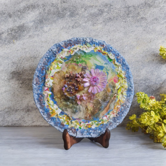 Handcrafted Mixed Media Floral Wall Art Plate I 14 inches 