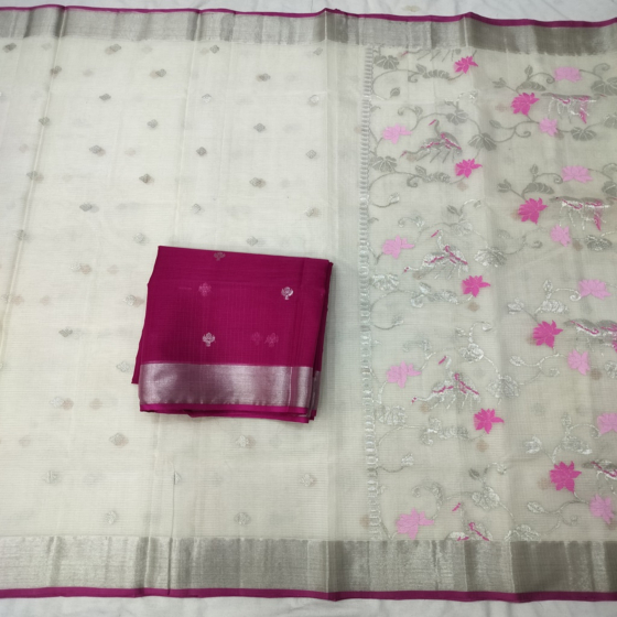 Handcrafted Real Zari Kota Saree I Off white  with dark pink rani blouse piece 