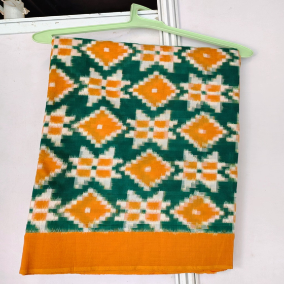 Pochampally double ikkat cotton saree with blouse piece I Green & Orange