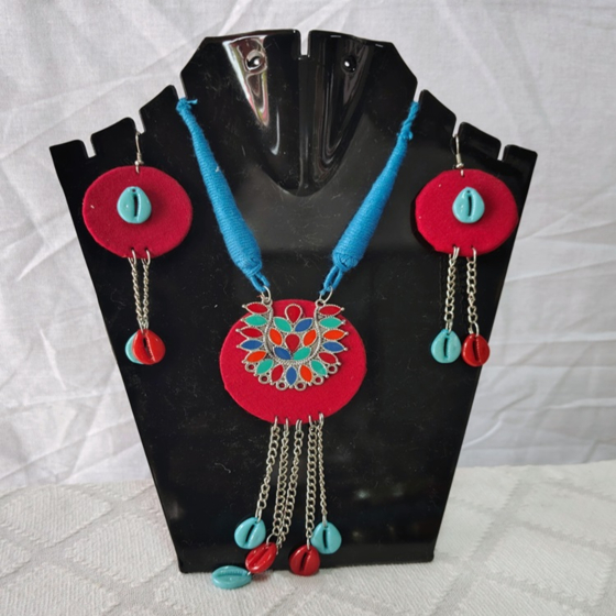 Handmade Vibrant Bohemian Fabric & Shell Necklace Set I Multicolour