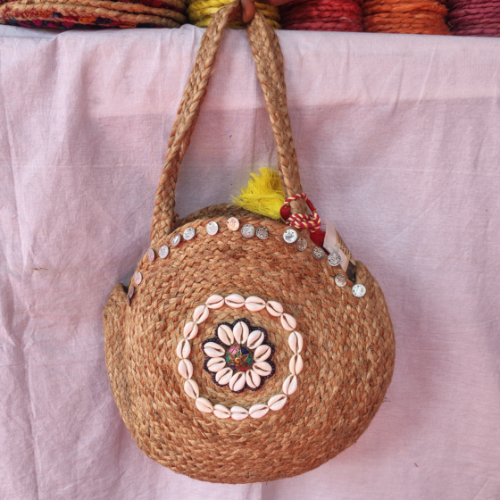 Hand-Braided Round Jute Tote Bag I 14 X14 inches 