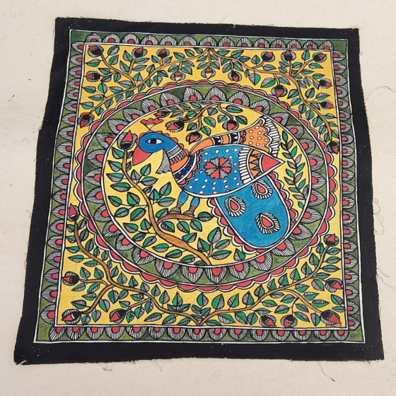 Hand-Painted Madhubani Peacock Art on Canvas