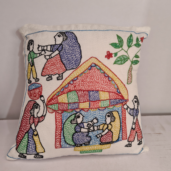 Hand-Embroidered Storytelling Cushion I 14x 14 inches