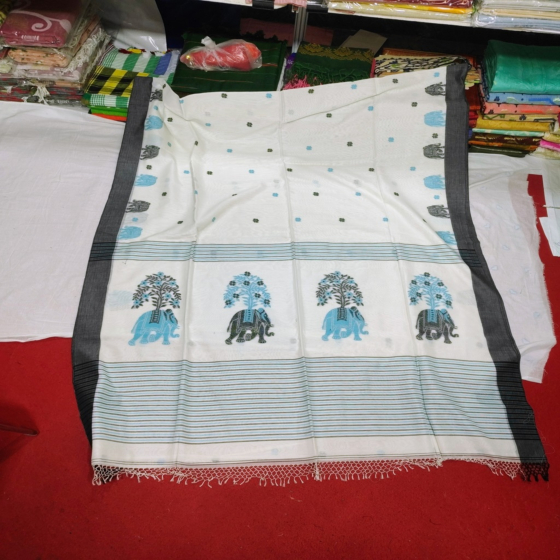 Handloom Cotton Elephant Motif Saree| White