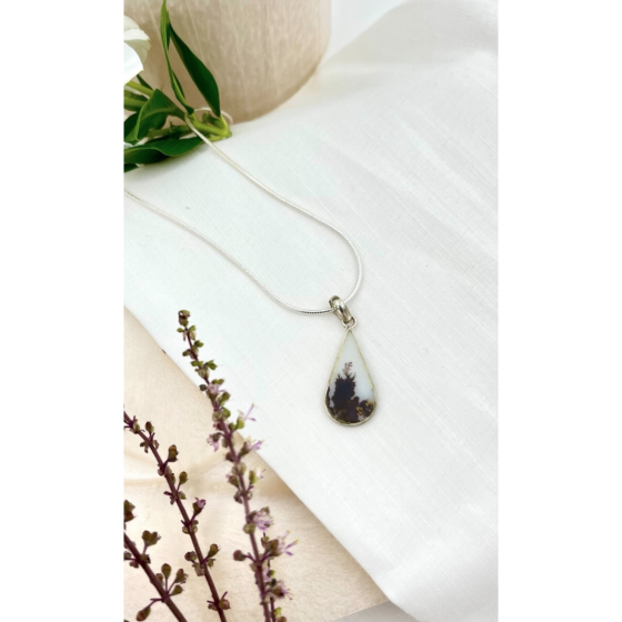 Forest like scenery-Tear drop pendant by Ochrello featuring a teardrop-shaped Shazar stone with tree-like dark dendrites set in handcrafted silver.