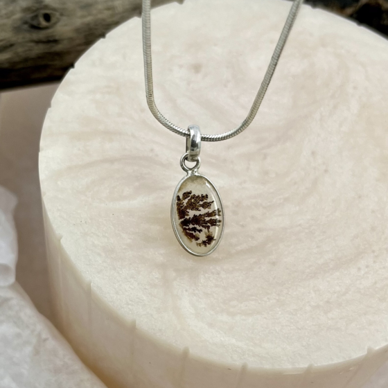 Zoomed view of the Shazar stone’s intricate tree-like patterns within the polished silver frame, showcasing natural artistry.