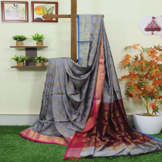 Gray Bengal Handloom Katan Silk Zari Emboss Saree