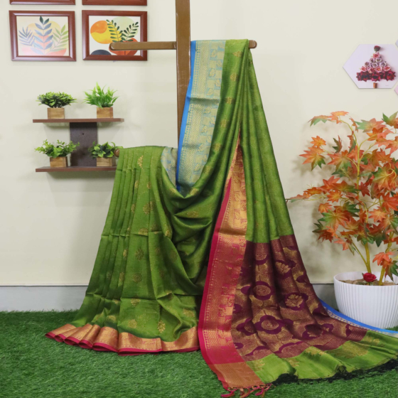 Neon Green Bengal Handloom Katan Silk Zari Emboss Saree