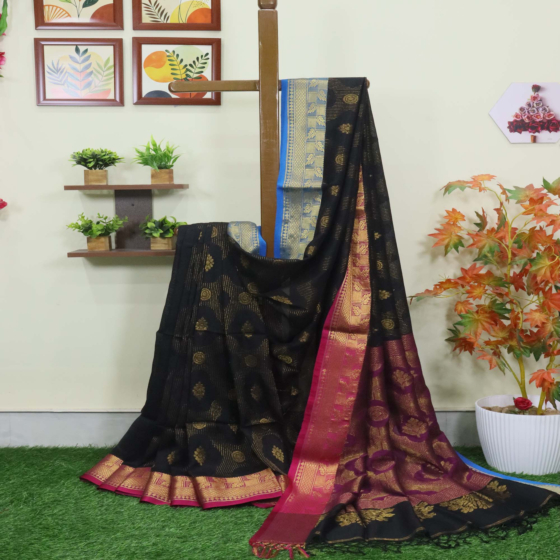 Black Bengal Handloom Katan Silk Zari Emboss Saree