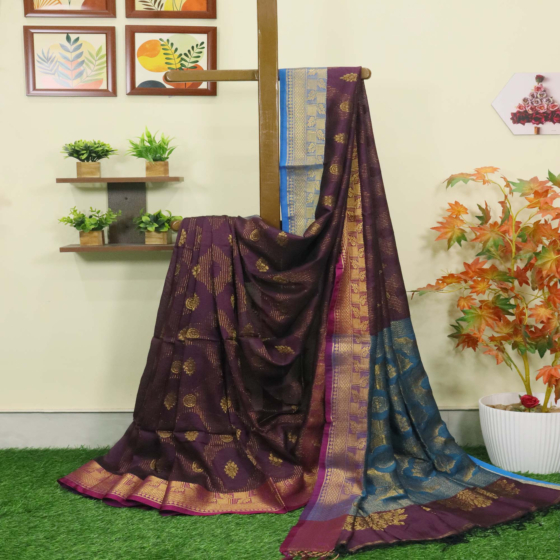 Dark Purple Bengal Handloom Katan Silk Zari Emboss Saree