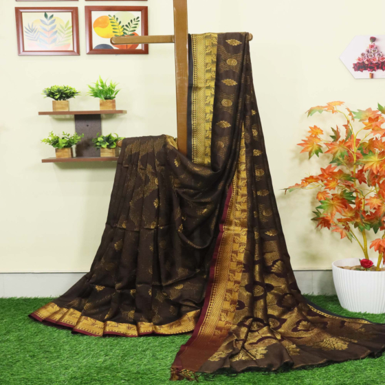 Brown Bengal Handloom Katan Silk Zari Emboss Saree