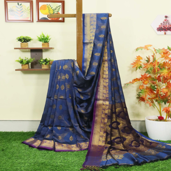 Deep Sky Blue Bengal Handloom Katan Silk Zari Emboss Saree