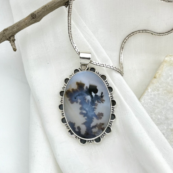 Shazar-dendritic agate Silver Jewellery Set - pendant, earrings & ring
