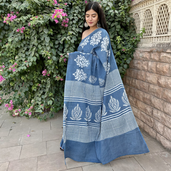 SITARA GREY HANDBLOCK PREMIUM COTTON SAREE WITH BLOUSE