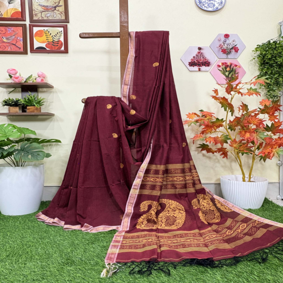 Maroon Handloom Premium Cotton Jamdani Saree