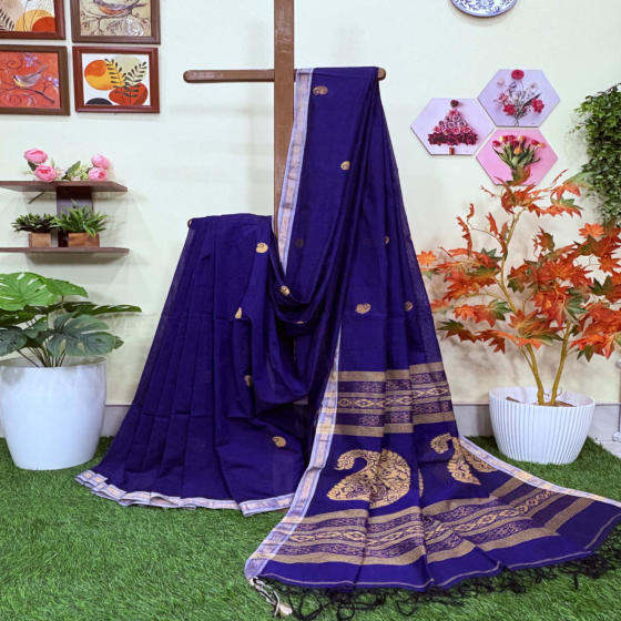 Navy Blue Ferozi Handloom Premium Cotton Jamdani Saree