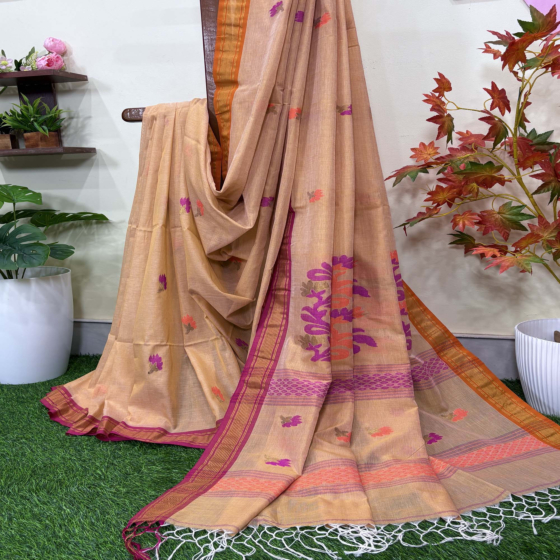 Beige Handloom Premium Cotton Jamdani Saree