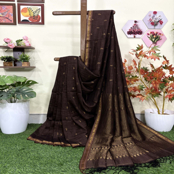 Chocolate Paisly Buta Organic Linen Jamdani Saree