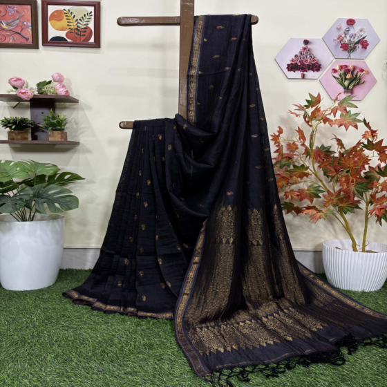 Black Paisly Buta Organic Linen Jamdani Saree