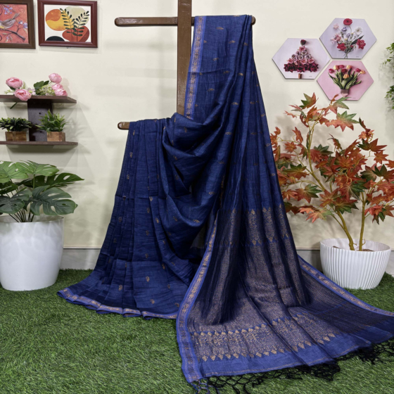 Blue Paisly Buta Organic Linen Jamdani Saree