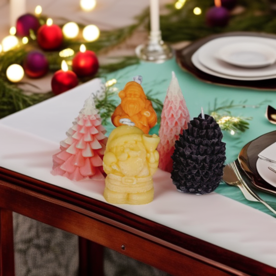 Set of 5 festive candles with unique designs and holiday fragrances
