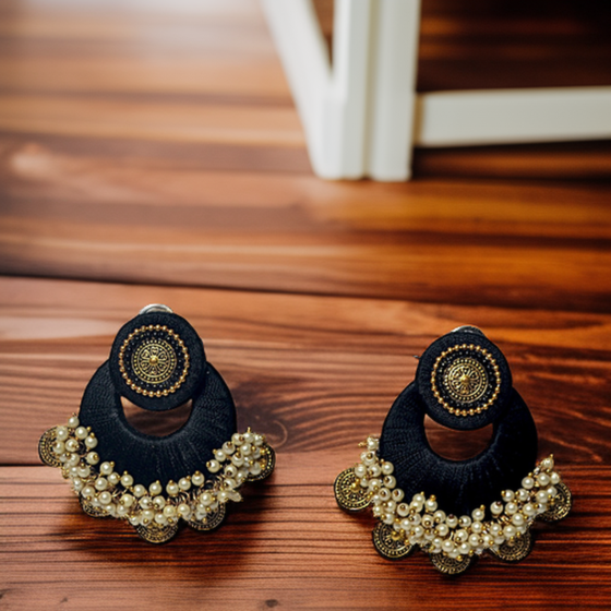 Ginni Thread Elegant Black Fabric Earrings with Golden Detailing Decorative Pearls and Lightweight Design