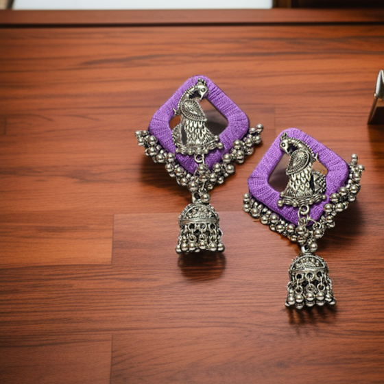  Trendy Silk Oxidised Peacock Jhumka Earrings - Purple