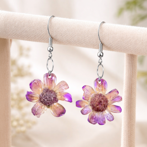 Handmade Real Flower Resin Earrings | Purple