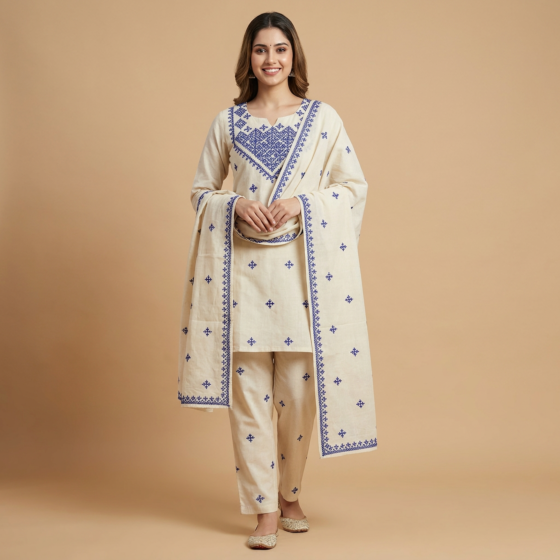 Hand-Embroidered Sindhi Work Cotton Unstitched Suit | Cream