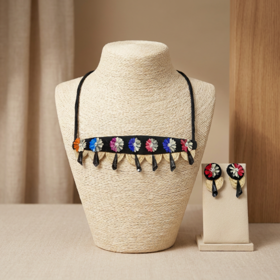 Handmade Jute Choker Necklace with Earrings | Fish Scale Jewellery | Multicolour
