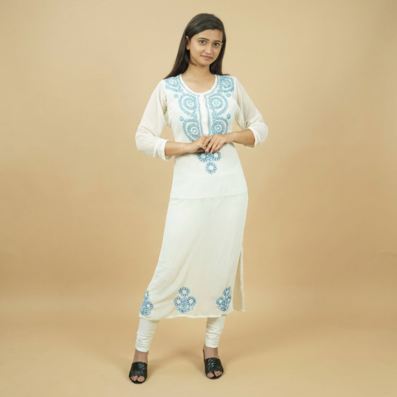 Hand-Embroidered Chikankari Long Kurti | White