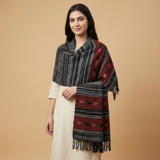 Handwoven Kullu Woollen Stole with Teen Patti Kingri Design | Black 