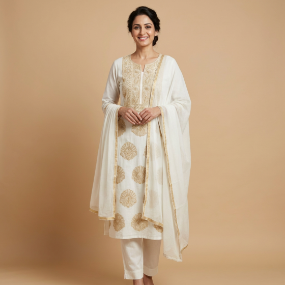 Hand-Embroidered Chikankari Unstitched Cotton Suit with Dupatta | White