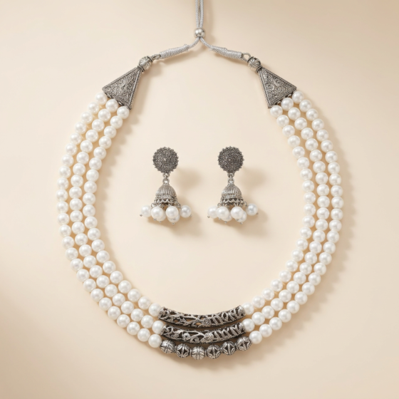 Handcrafted Layered Pearl Oxidised Necklace Set